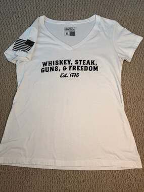 Patriot Crew Whiskey, Steak, Guns & Freedom V-Neck T-Shirt - Women’s XL